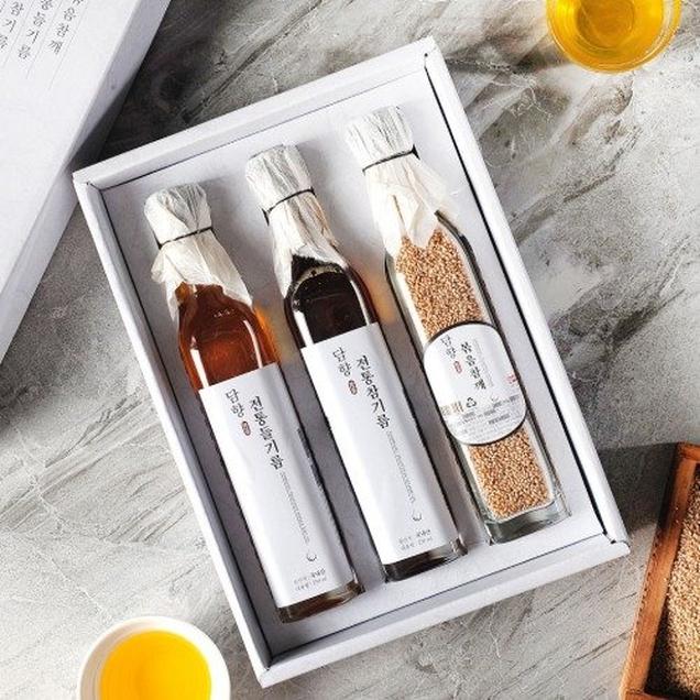 (참사랑에프앤비)HACCP인증 국내산100% 담향 전통참기름 세트(참기름250ml*1병+들기름250ml*1병+볶음참깨31g*1병)2464